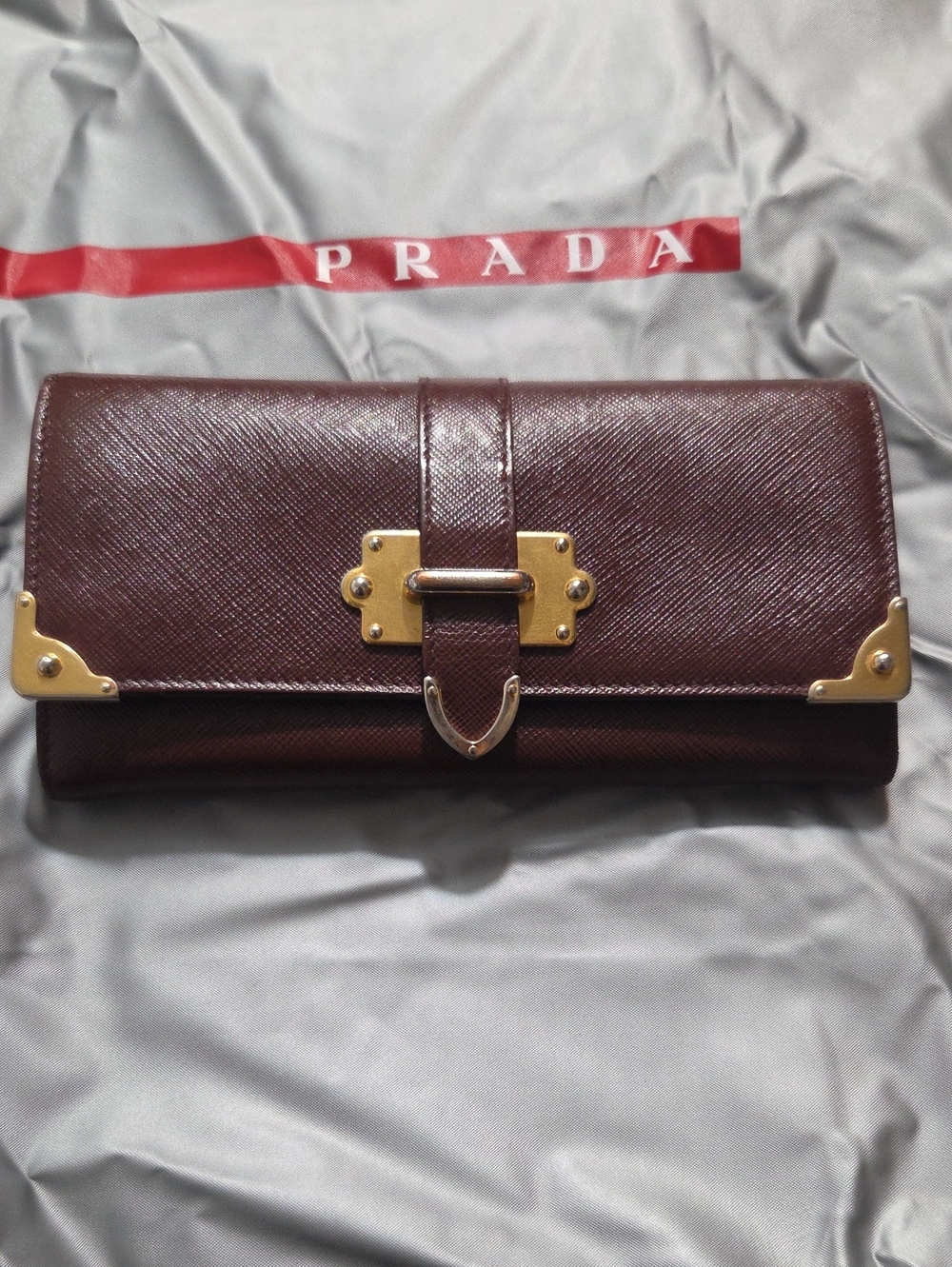 Prada Burgundy Saffiano Leather Clasp Continental Wallet with Gold Hardware